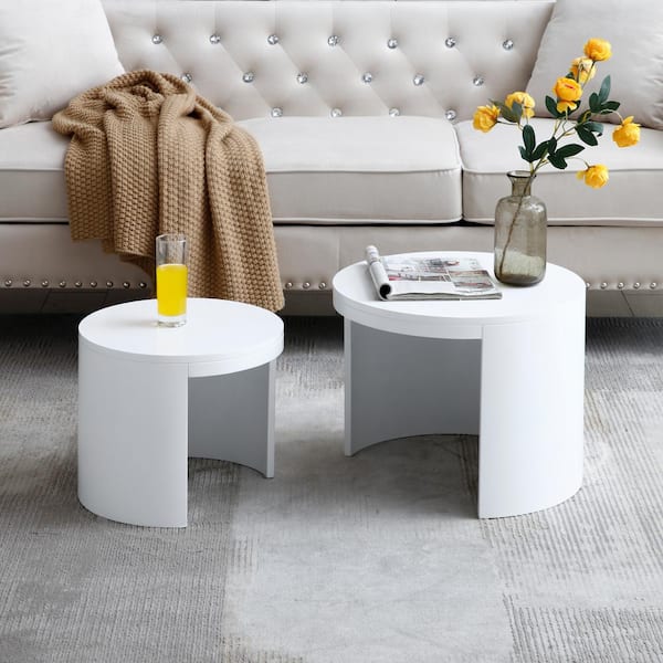 CSC DECOR INC 18.9 in. White Round MDF Coffee Table Set Modern Side Table Nesting Table Set of 2 for Living Room, Office