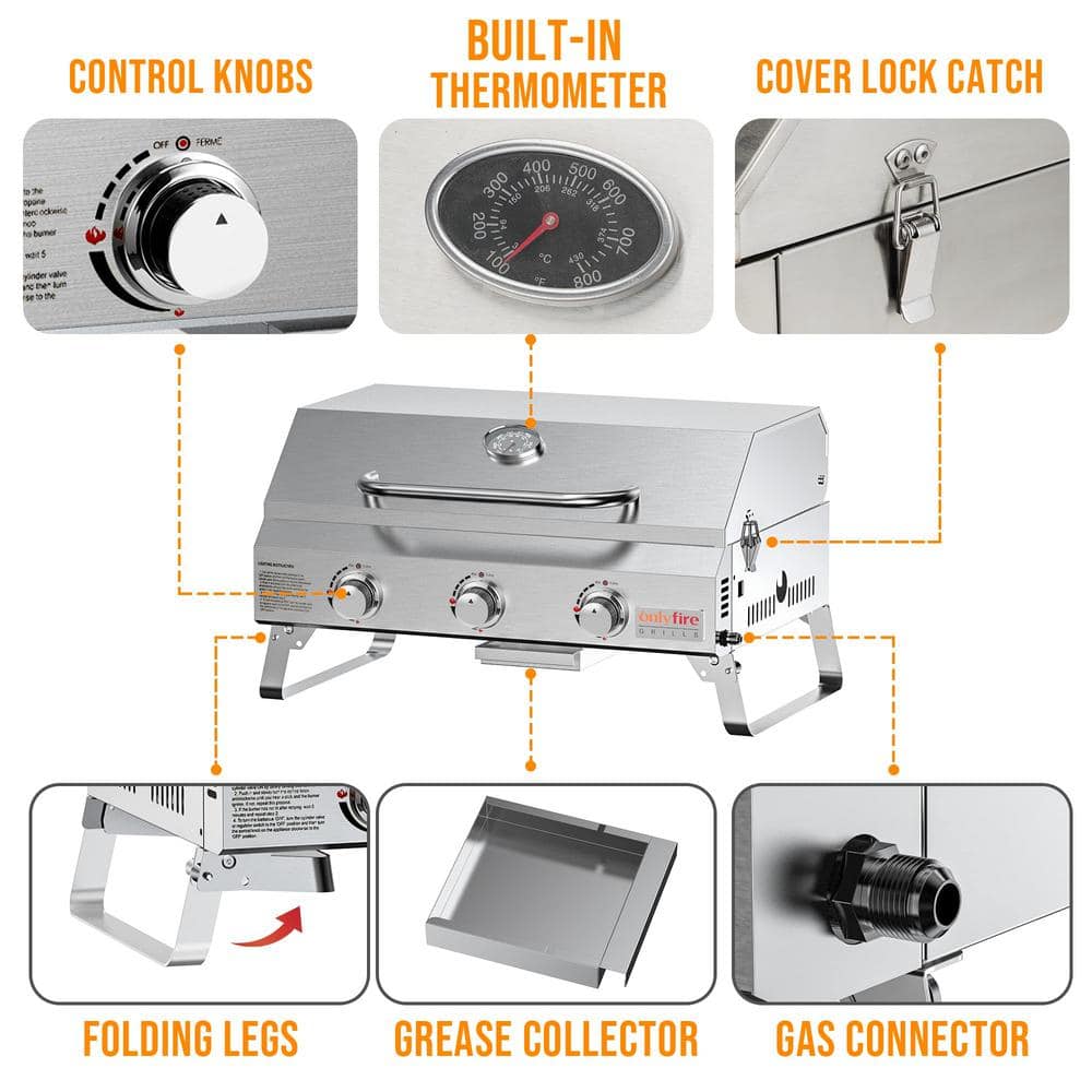 Onlyfire 24" Stainless Steel 3-Burner Portable Propane Grill with Foldable Legs
