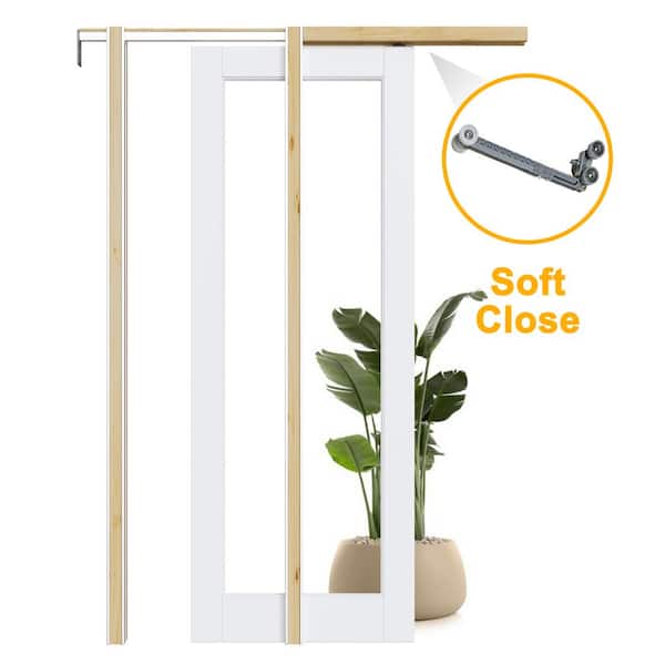 ARK DESIGN 30 in. x 80 in. 1-Lite Clear Glass Primed Solid Core Glass Pocket Door Frame and Hardware (Soft Close Included)