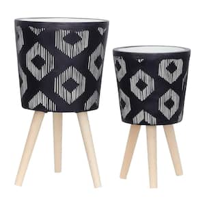 Black Polyresin Planters with Wood Stands (2-Pack)