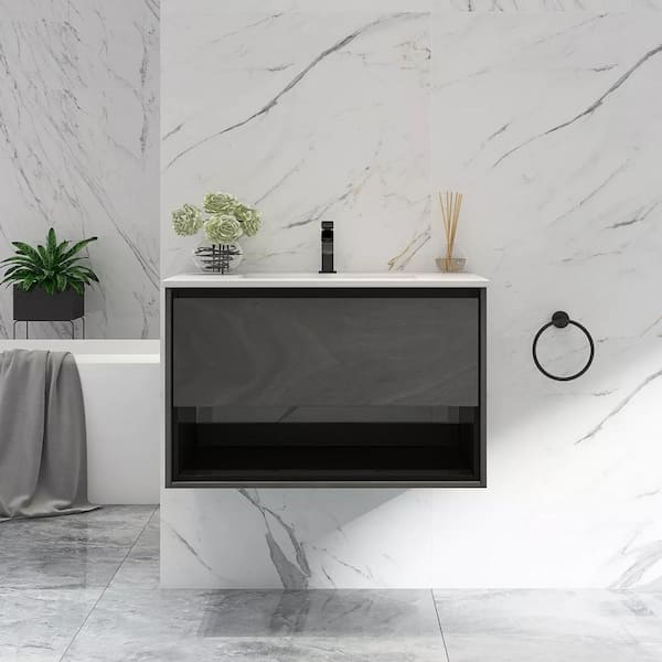 FUNKOL 32 in. W x 18 in. D x 20 in. H Bath Vanity in Gray (Grey Ebony) with White Ceramics Top