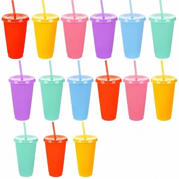 24-Set Pastel 24 oz Classroom Plastic Tumblers with Lids, Straws, Cards and Pencils