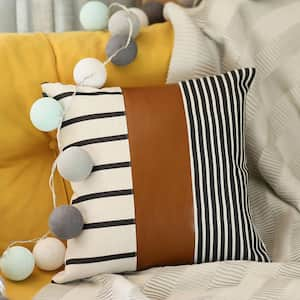 Bohemian Handmade Vegan Faux Leather Brown 17 in. x 17 in. Square Abstract Geometric Throw Pillow