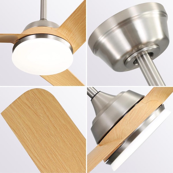 52 in. Smart Nickel Indoor ABS Wood Grain White Blade 3-Size Downrod Mount Ceiling Fan with 3-Color Dimmable Light