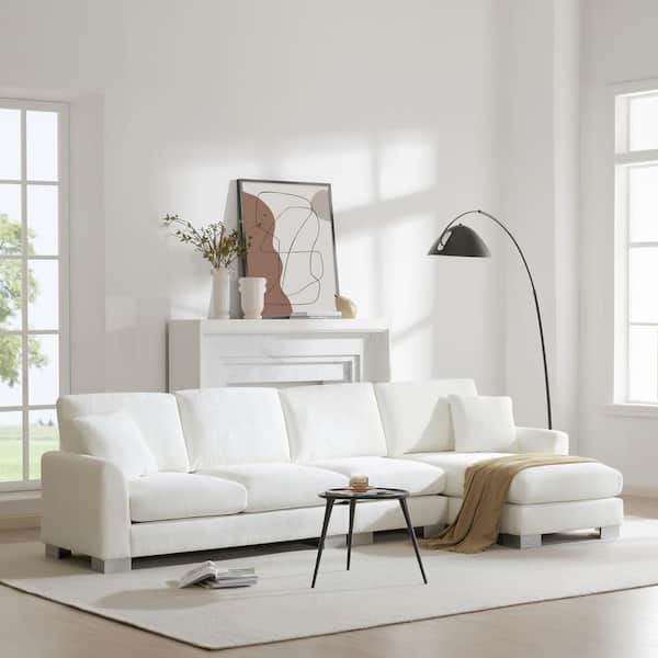 Harper & Bright Designs 119 in. Round Arm L-Shape Chenille Sectional Sofa in. White with Chaise, 2 Free pillows, Aluminum Legs