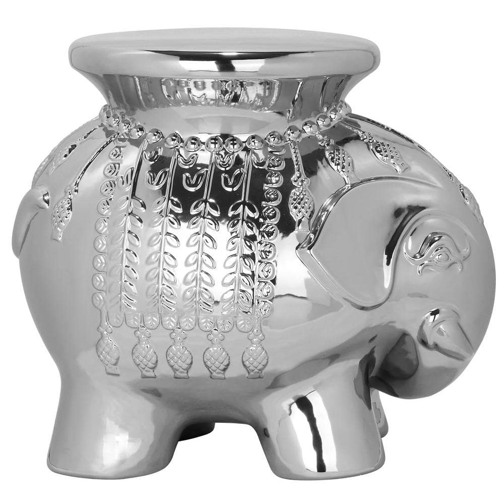 Silver Ceramic Elephant Garden Stool