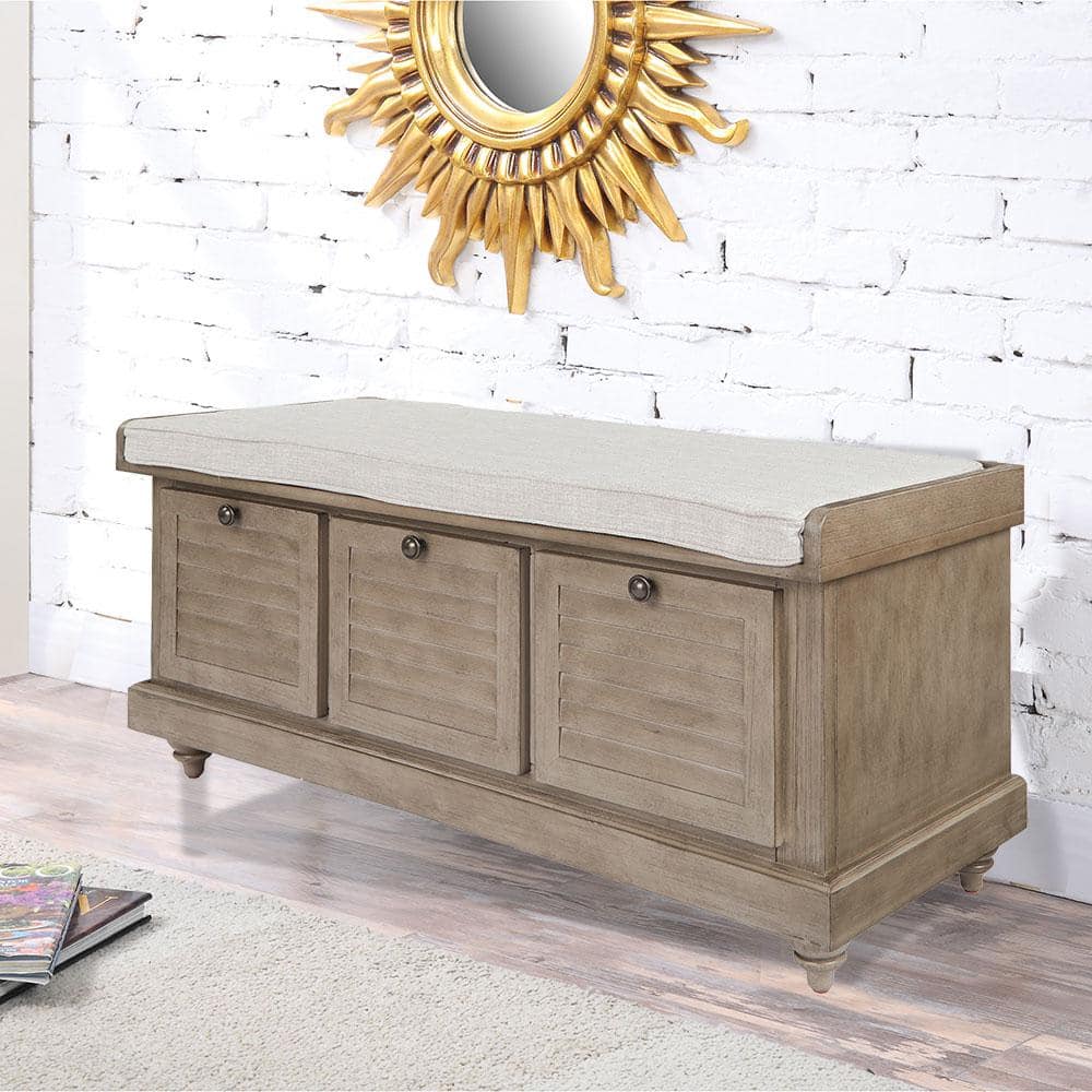 Antique Grey Acacia Wood Storage Bench with Lift Top and Cushion