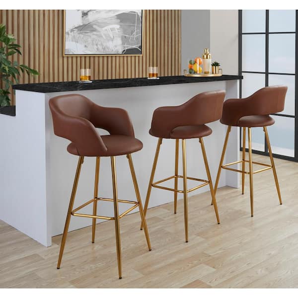 Margarite 29 in. Brown Faux Leather and Gold Metal Fixed-Height Bar Stool with Square Footrest (Set of 2)
