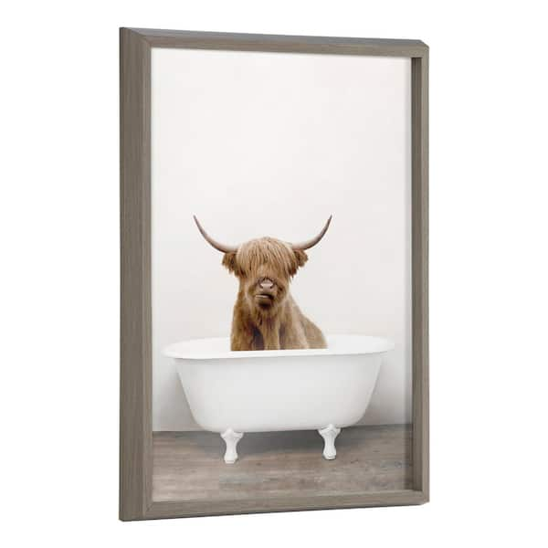 Kate and Laurel Blake Highland Cow in Tub Color 24 in. x 18 in. by Amy Peterson Framed Printed Glass Wall Art