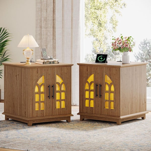 23.6 in. Brown Square Wood End Table with Charging Station and Light, Sofa Side Table with Storage Cabinet (Set of 2)