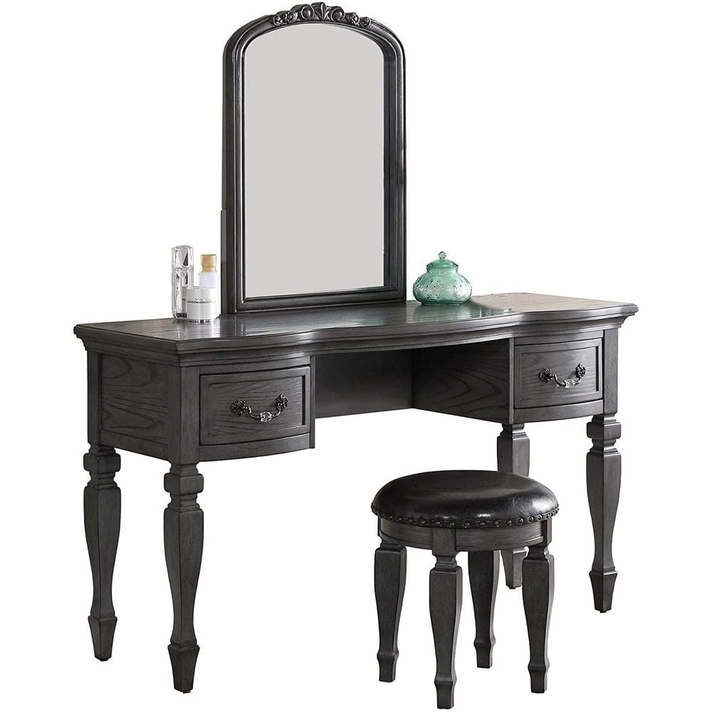 Classic Gray Vanity Set Wooden Carved Mirror Stool 60 in. H x 54 in. W 