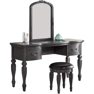 Classic Gray Vanity Set Wooden Carved Mirror Stool 60 in. H x 54 in. W x 19 in. D