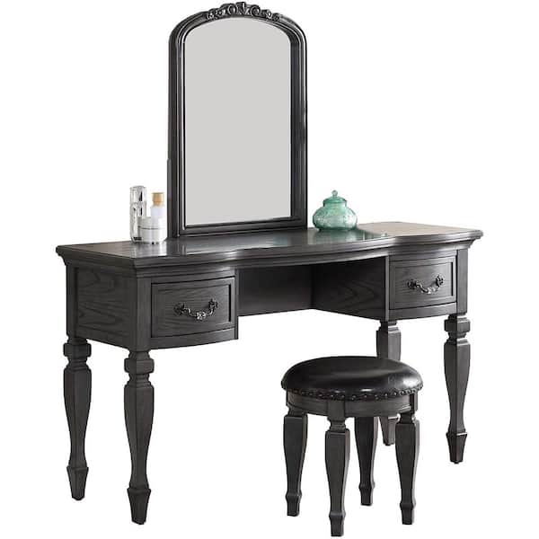 Unbranded Classic Gray Vanity Set Wooden Carved Mirror Stool 60 in. H x 54 in. W x 19 in. D