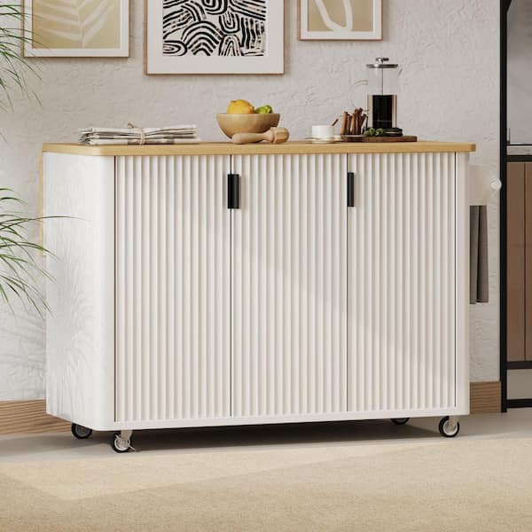 51 in. White MDF Kitchen Cart with Drop Leaf, Farmhouse Accent Kitchen Island on Wheels with Internal Storage Rack