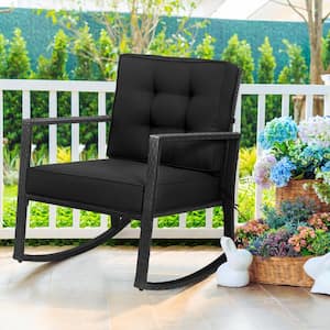 Black Wicker Rattan Outdoor Rocking Chair with Black Cushions