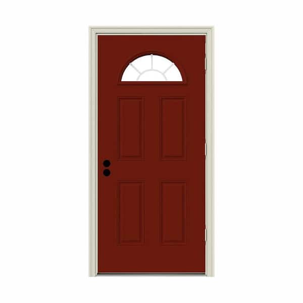 JELD-WEN 30 in. x 80 in. Fan Lite Mesa Red Painted Steel Prehung Left-Hand Outswing Front Door w/Brickmould