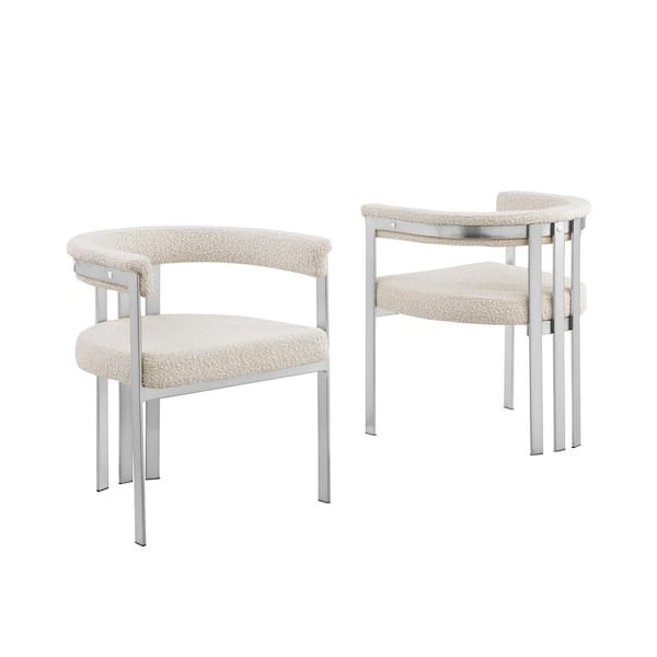 Best Quality Furniture Raymond Cream Color Matte Brushed Chrome Base Boucle Fabric Side Chair Set of 2
