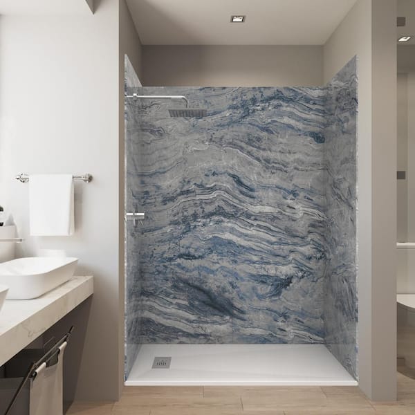 Balanced Series- 60in.x32in.x84in. Alcove Solid Composite Stone Shower Kit -Naca Bl. Shower Walls L/R WH Shower Pan Base
