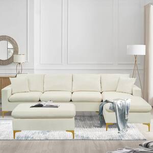 111 in. Square Arm 4-Piece Velvet Upholstered Sectional Sofa in Cream White with 2 Pillows