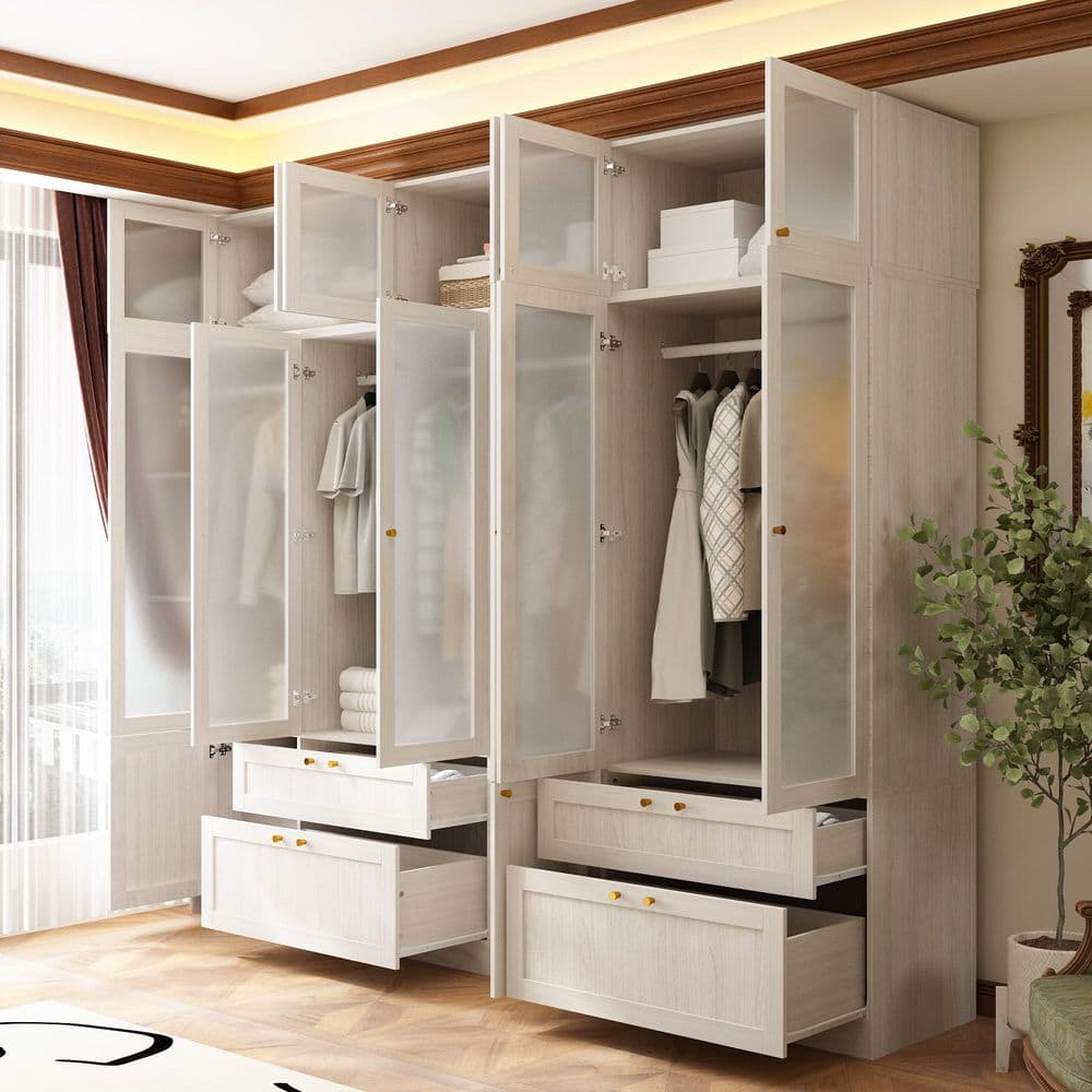 Light Oak Wood 94.5 in. Bedroom Wardrobe with Frosted Glass Doors, Hanging Rod, and Multiple Storage Drawers - thumbnail 3