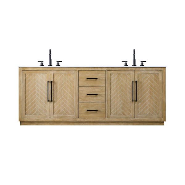 84 in. Double Sink Linen Oak Bath Vanity with White Engineered Marble Top