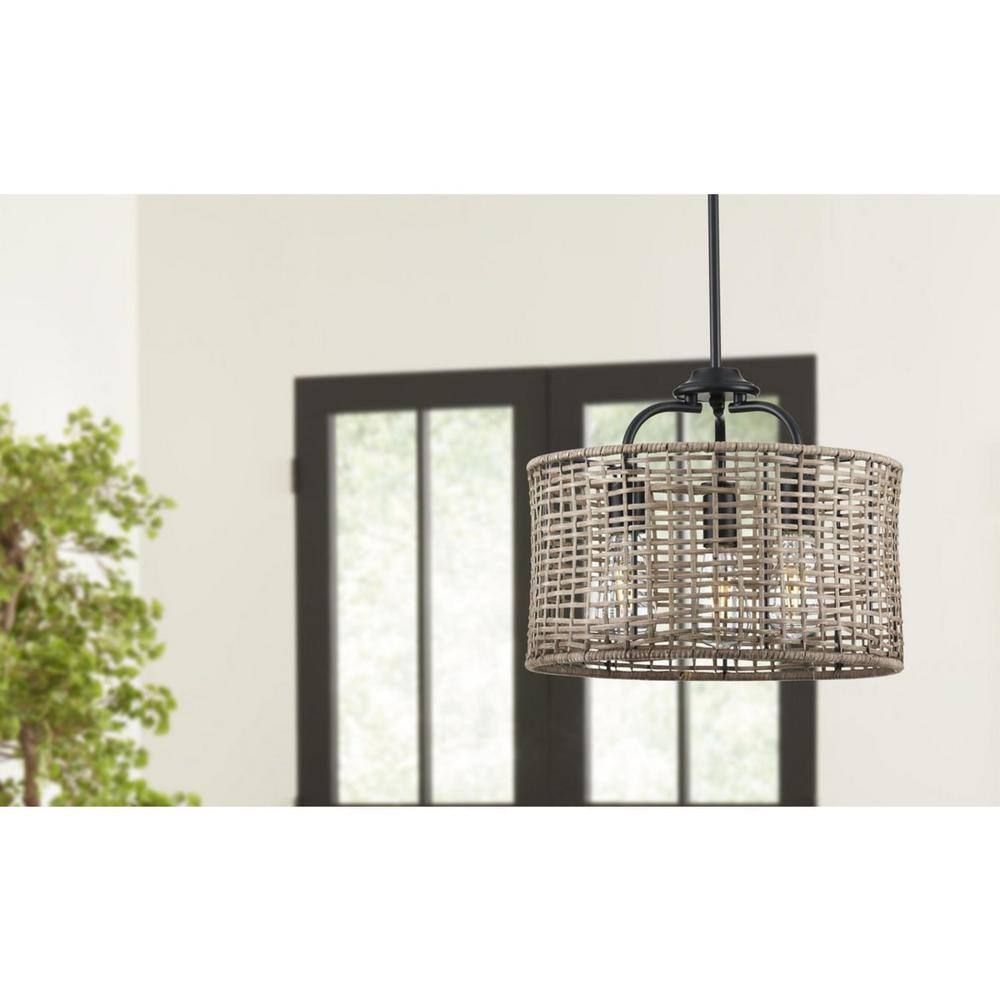 Matte Black and Rattan 3-Light Semi-Flush Mount Ceiling Light
