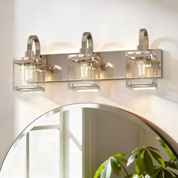 24 in.3-Light Brushed Nickel Modern Bathroom Vanity Light,Wall Light with Clear Glass Shades for Bedroom Farmhouse Decor