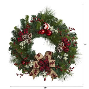 24 in. Christmas Pine Artificial Wreath with Pine Cones and Ornaments