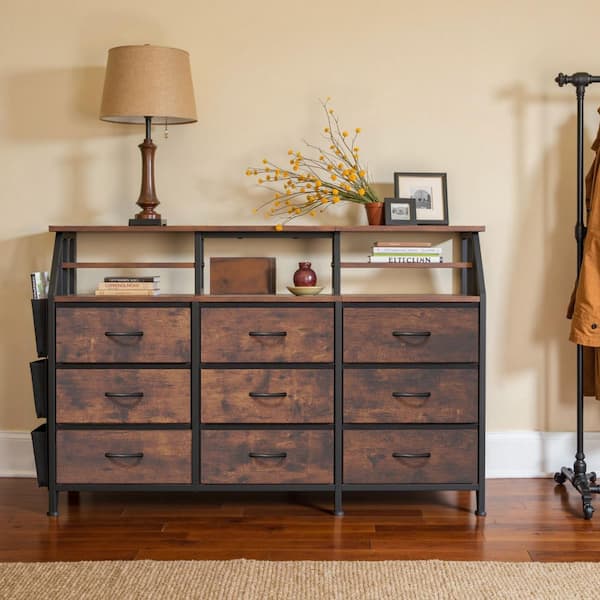35 in. Brown Wood Steel Frames Storage Cabinet with 9-Larger Drawers and 2-Open Shelves
