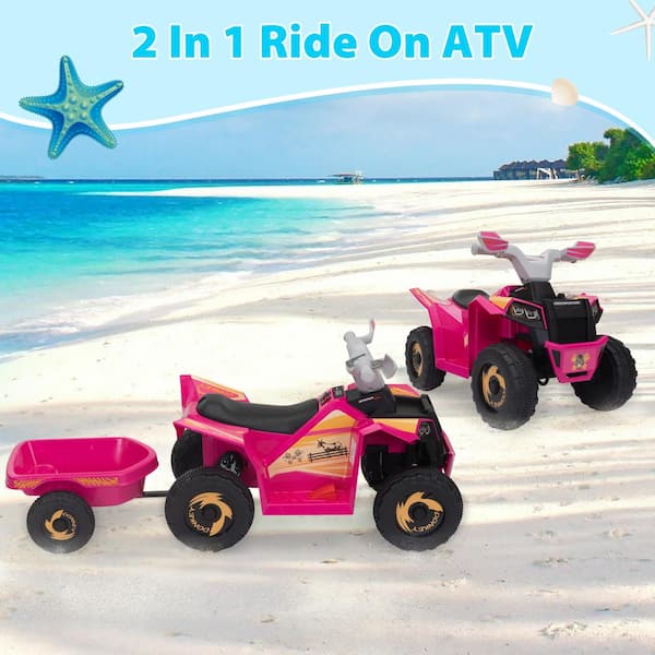 6 Volt Kids Electric ATV Toddler Ride On Toy 4-Wheeler Quad Car with Trailer, Bluetooth and music, Pink