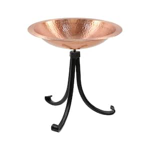 14 in W Solid Birdbath, Round Satin Copper Hammered with Black Wrought Iron Tripod Stand
