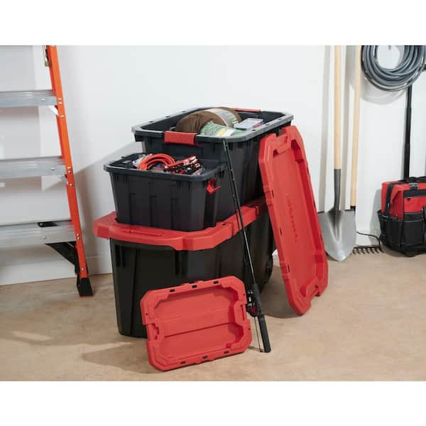 Husky 25 Gal. Latch and Stack Tote in Black with Red Lid 206199 - The Home  Depot