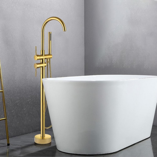 2-Handle Floor Mounted Residentail Freestanding Tub Faucet with Hand Shower in. Titanium Gold