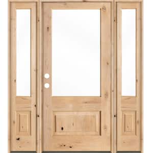 64 in. x 80 in. Farmhouse Knotty Alder Right-Hand/Inswing 3/4 Lite Clear Glass Unfinished Wood Prehung Front Door w/DSL