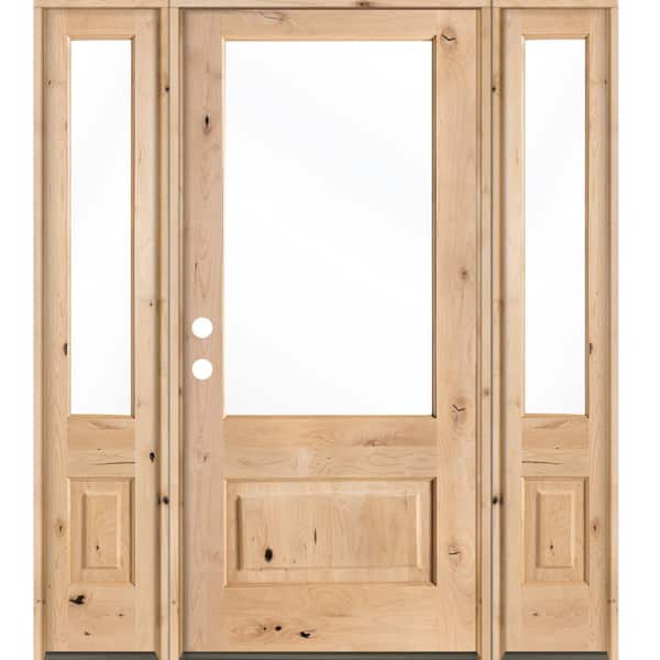 Krosswood Doors 64 in. x 80 in. Farmhouse Knotty Alder Right-Hand/Inswing 3/4 Lite Clear Glass Unfinished Wood Prehung Front Door w/DSL
