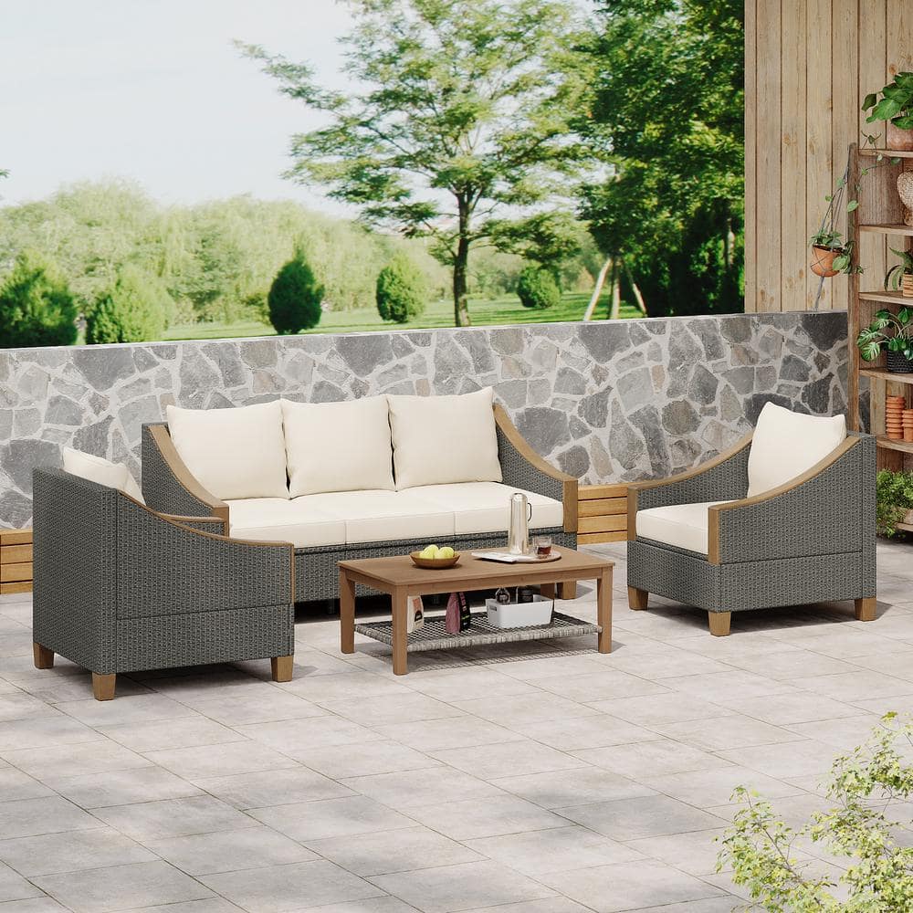 4-Piece Wicker Patio Conversation Set with Wooden Coffee Table, Furniture f