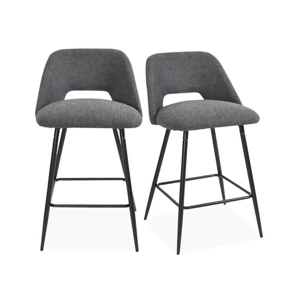 Dark Gray Upholstered Counter Height Stools with Black Metal Frame, Set of 2