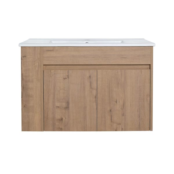 Boosicavelly 29.13 in. W x 17.91 in. D x 18.9 in. H Single Sink Wall Mounted Bath Vanity in Imitative Oak with White Ceramic Top