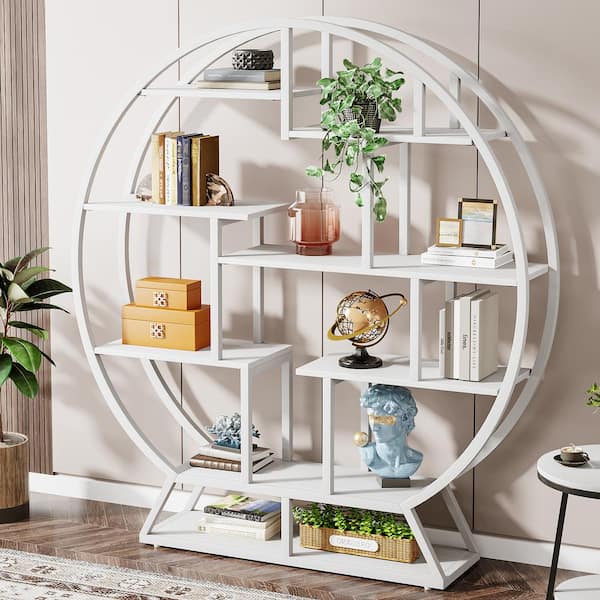 TRIBESIGNS WAY TO ORIGIN Kaduna 63 in, Tall White Wooden 8-Shelf Etagere Bookcase with Metal Frame, Storage, Round Shaped