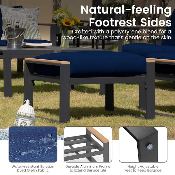 2 Pieces Aluminum Patio Ottoman, Outdoor Ottoman with Blue Cushions, Blue