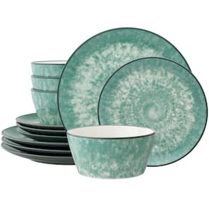 ColorKraft Essence Jade (Green) Stoneware 12-Piece Dinnerware Set (Service for 4)