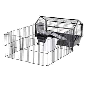 PawHut Small Animal Cage with Platform, Ramp, Food Dish, Water Bottle, Hay Feeder - 35 x 17.75 x 15.75