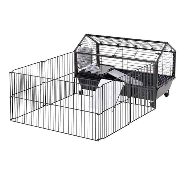 PawHut Small Animal Cage Bunny Playpen with Main House and Run for Small Rabbit, Guinea Pigs, Chinchilla 35 in. L