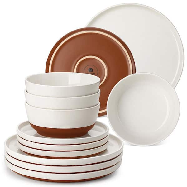 18-Piece White and Khaki Stoneware Dinnerware Set Service for 6 Dinner Set with Dinner Plate Dessert Plate Cereal Bowl