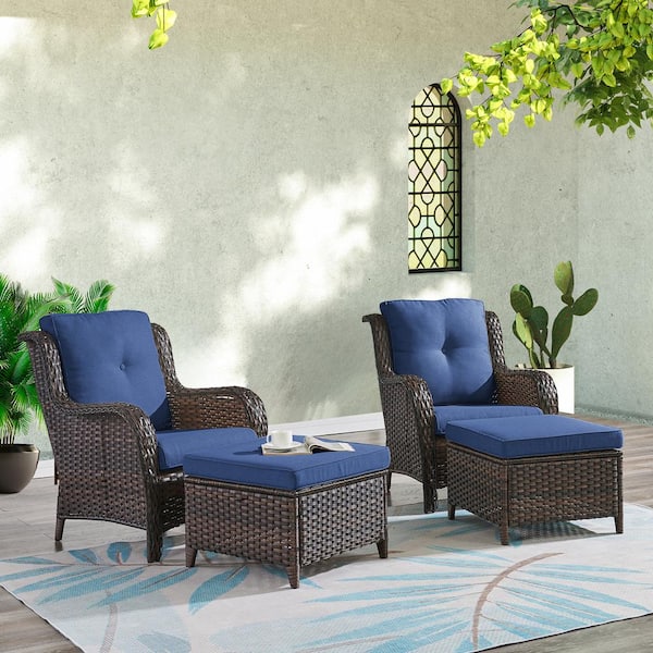 ArcoBay 4-Piece Brown Wicker Outdoor Lounge Chairs Patio Armchairs with Navy Blue Cushions and Ottomans