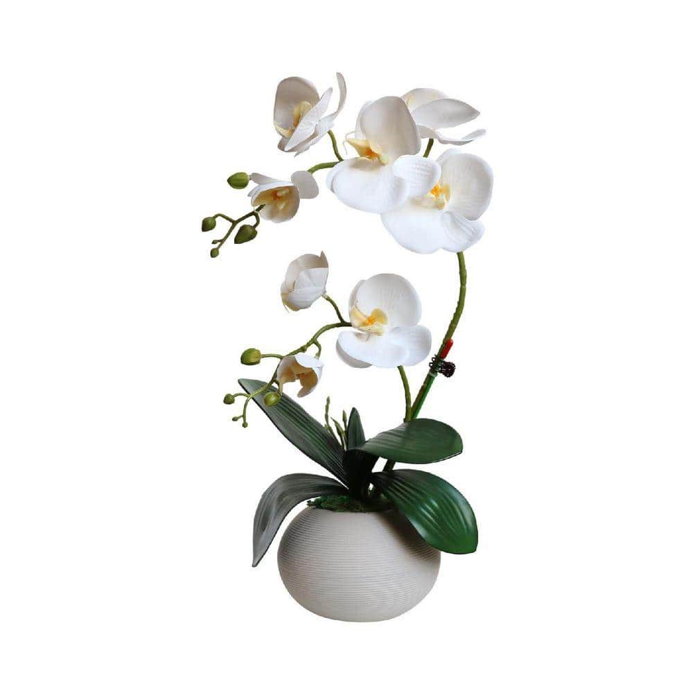 18 in. White Indoor Artificial Orchid Flowers in White Vase