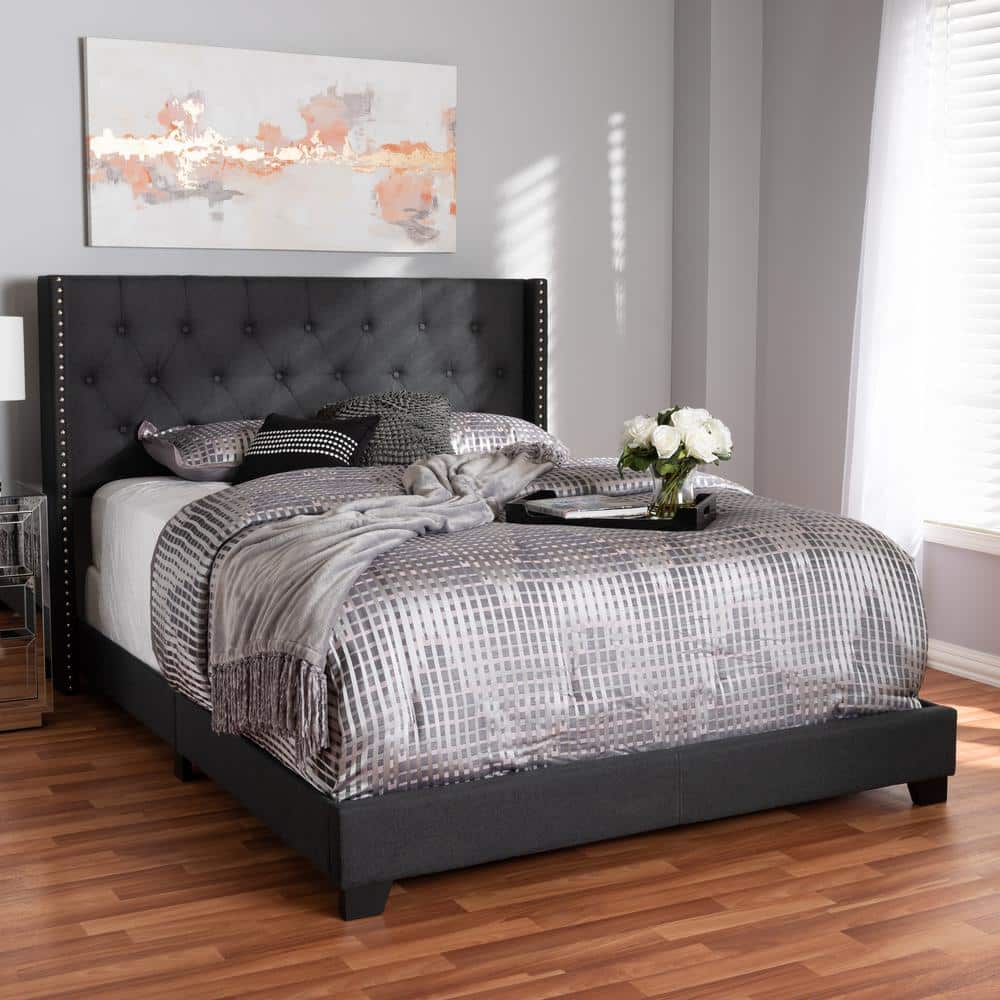 Charcoal Gray Upholstered Queen Bed with Tufted Headboard and Nailhead Trim