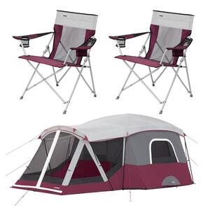 Wine Portable Outdoor Camping Folding Chair with Carrying Storage Bag and 11-Person Cabin Dome Tent with Screen Room