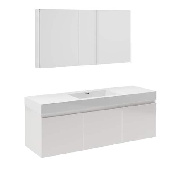 Fresca Mezzo 59 in. Vanity in White with Acrylic Vanity Top in White with White Basin and Mirrored Medicine Cabinet