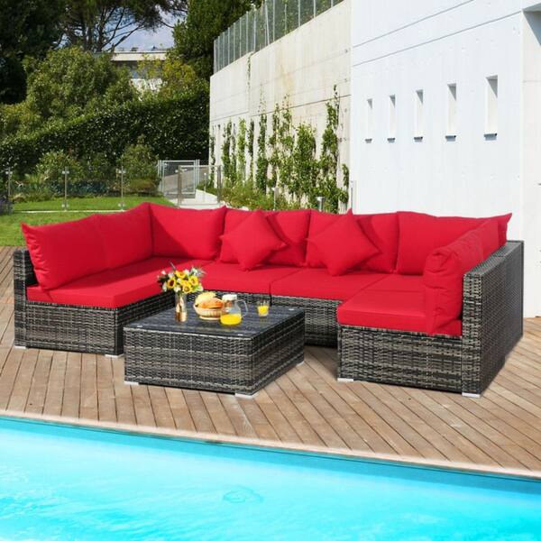 7-Piece Rattan Metal Sectional Patio Conversation Set with Cushion in Red